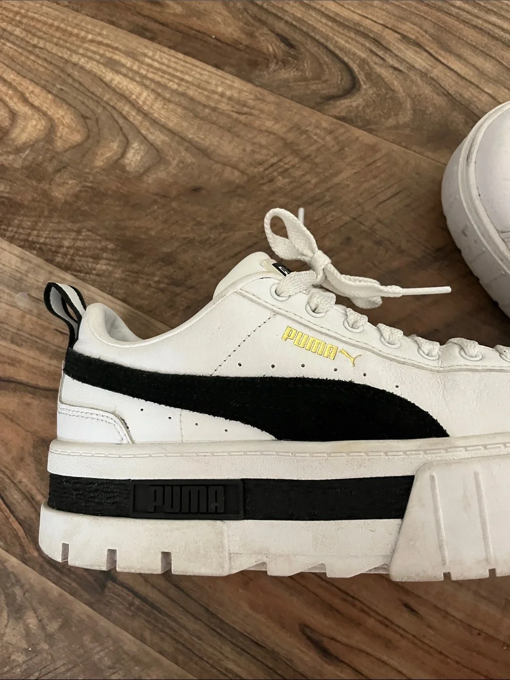 Puma Mayze White and Black Platform Sneakers 7.5